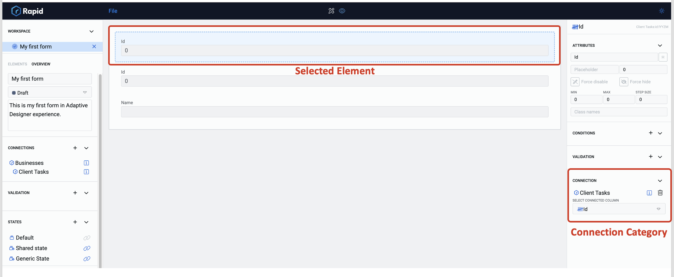 Image showing connection category in the element configuration panel